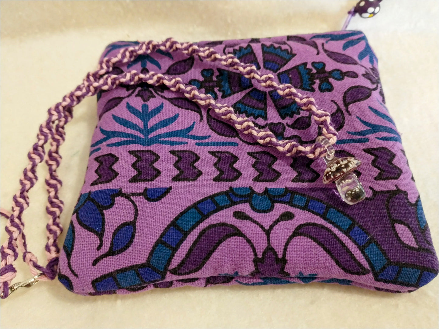 Glow in the Dark Mushroom Hemp Necklace and Zipper Pouch Set