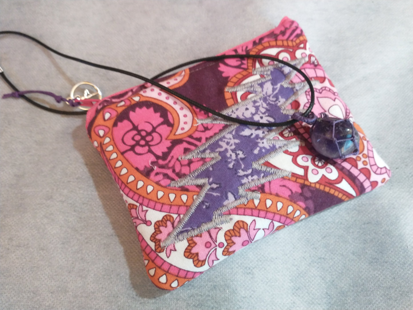 Paisley Grateful Zipper Pouch with Amethyst Stone Pendant Necklace