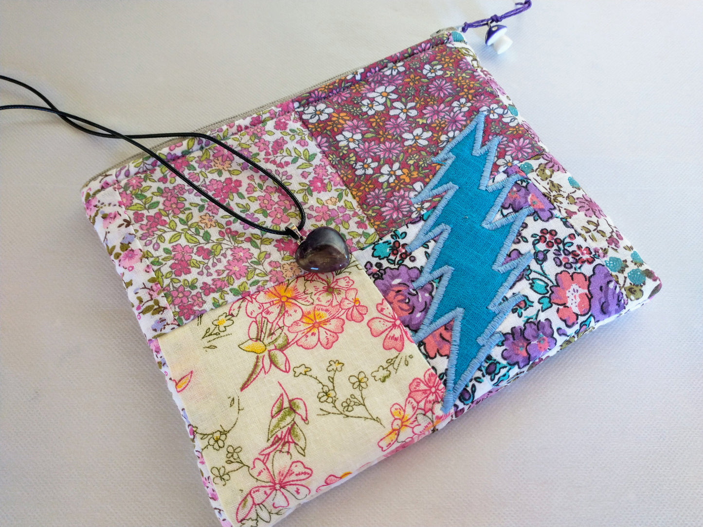 Vintage Patchwork Zipper Pouch with Amethyst Stone Heart Necklace