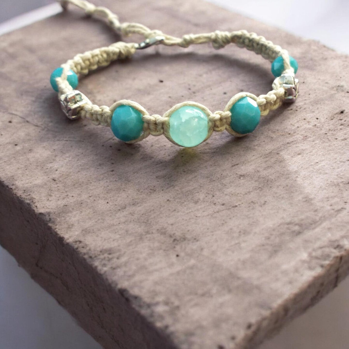 Turquoise Glass Beads Leaves Handmade Hemp Bracelet