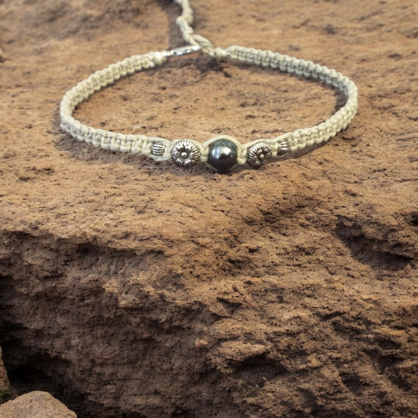 Hematite Stone Bead Handmade Hemp Anklet