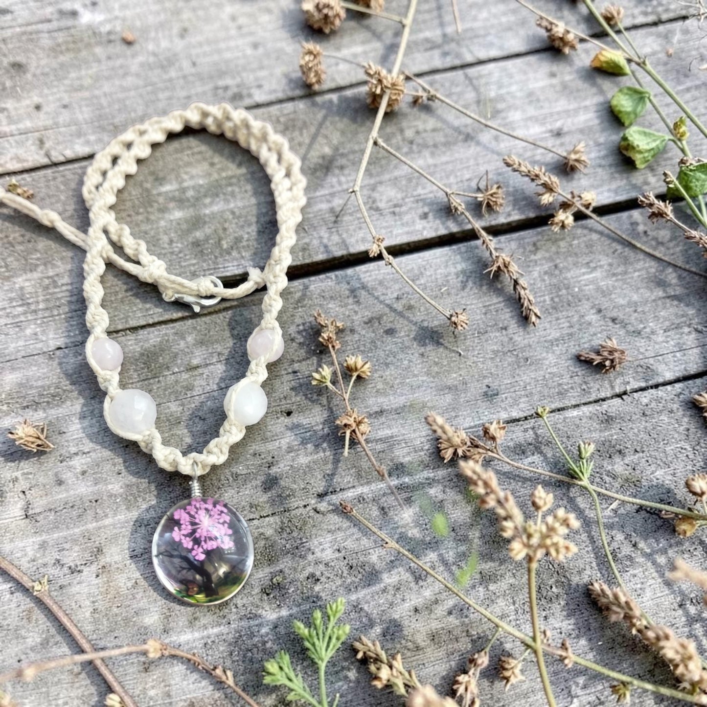 Tree Pendant and Rose Quartz Handmade Hemp Necklace