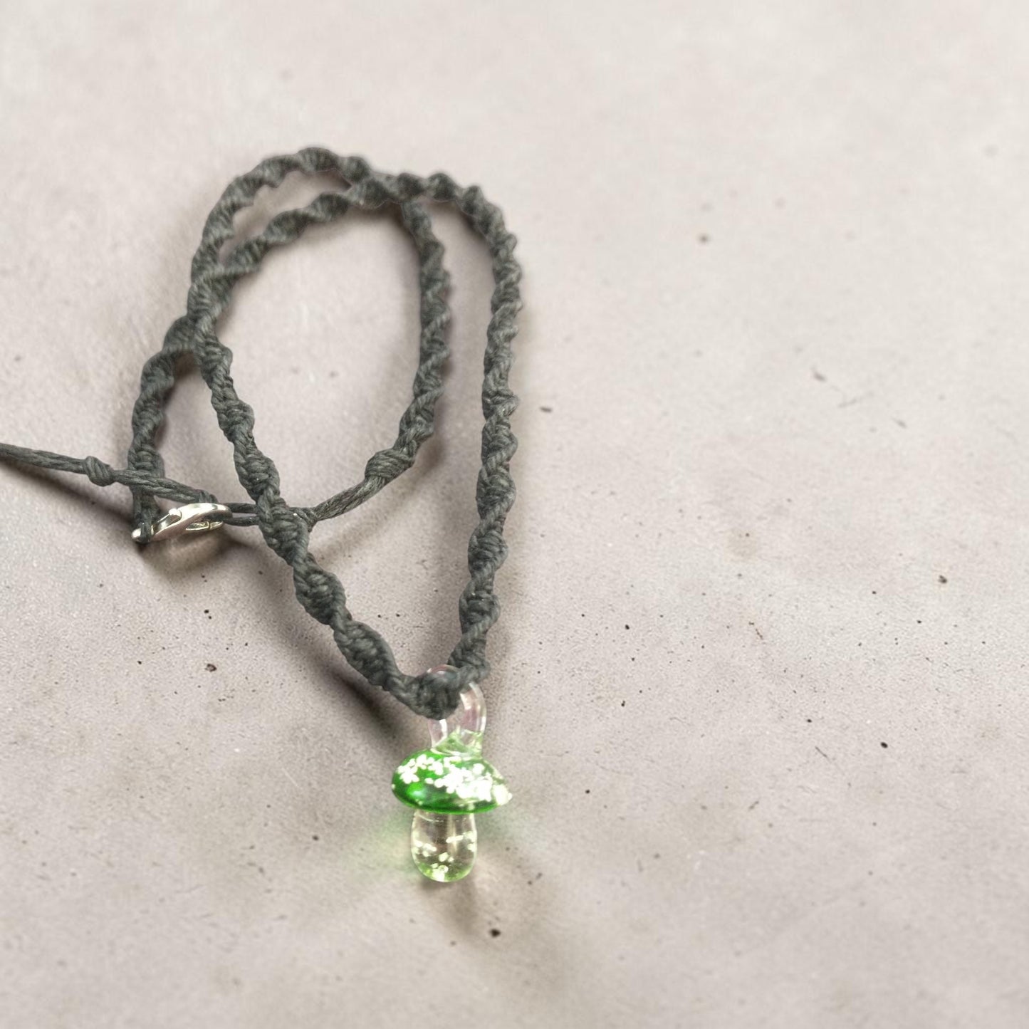 Glow in the Dark Glass Mushroom Pendant Handmade Hemp Necklace