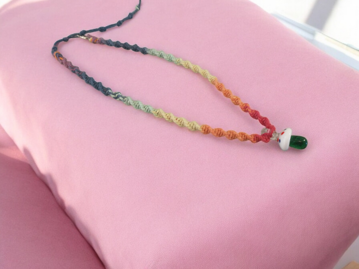 Rainbow Glass Mushroom Pendant Hemp Necklace