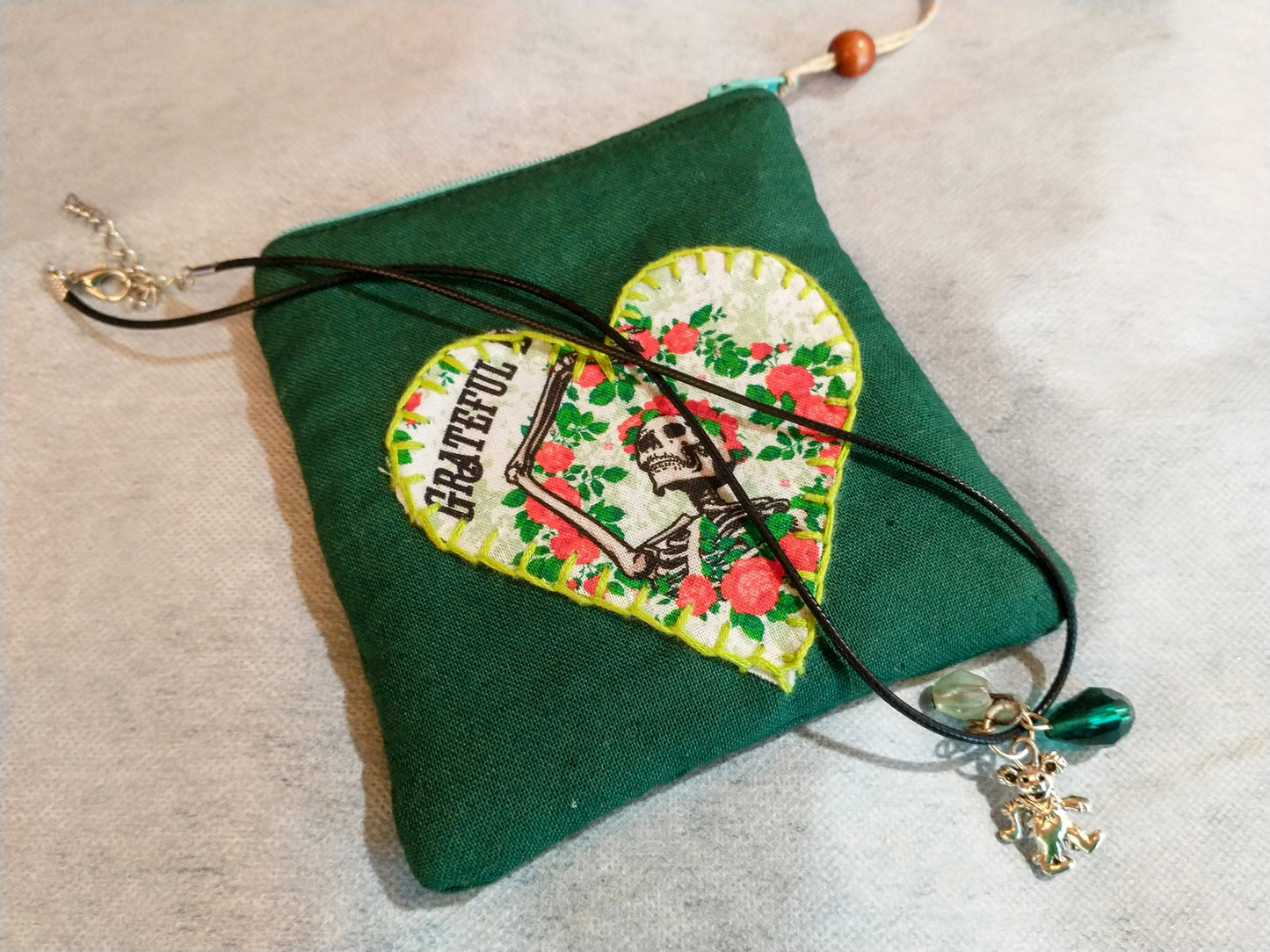 Grateful Zipper Pouch and Bear Pendant Necklace Set