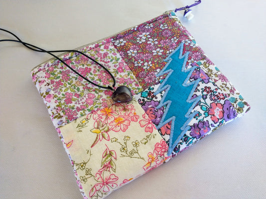Vintage Patchwork Zipper Pouch with Amethyst Stone Heart Necklace