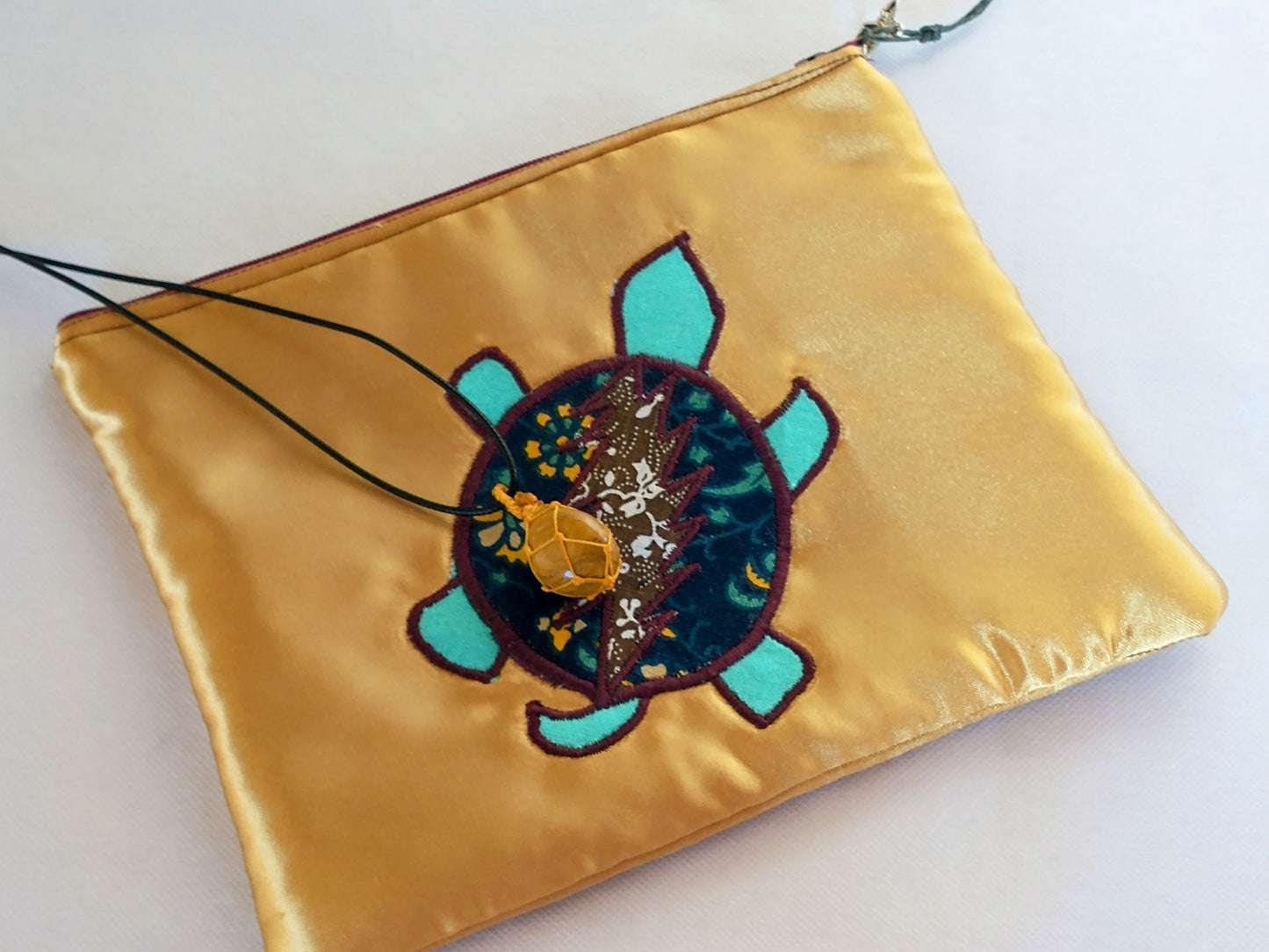 Terrapin Satin Zipper Pouch with Tigers Eye Pendant Necklace
