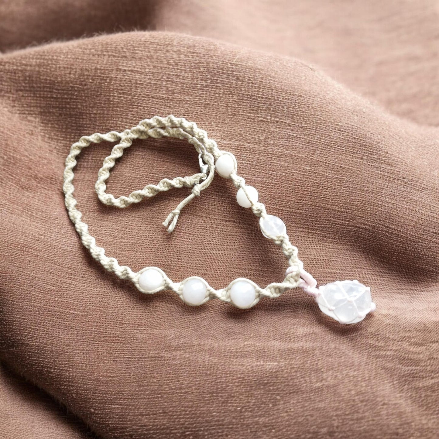 Rose Quartz Pendant Handmade Hemp Necklace