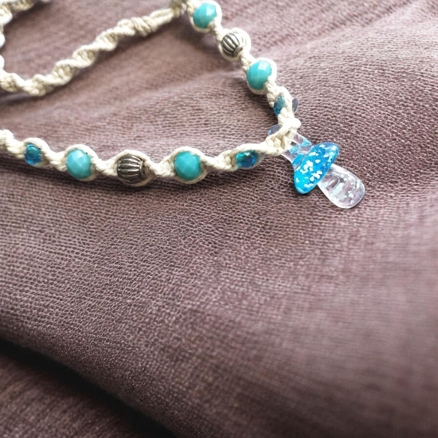 Glow in the Dark Glass Mushroom Pendant Handmade Hemp Necklace