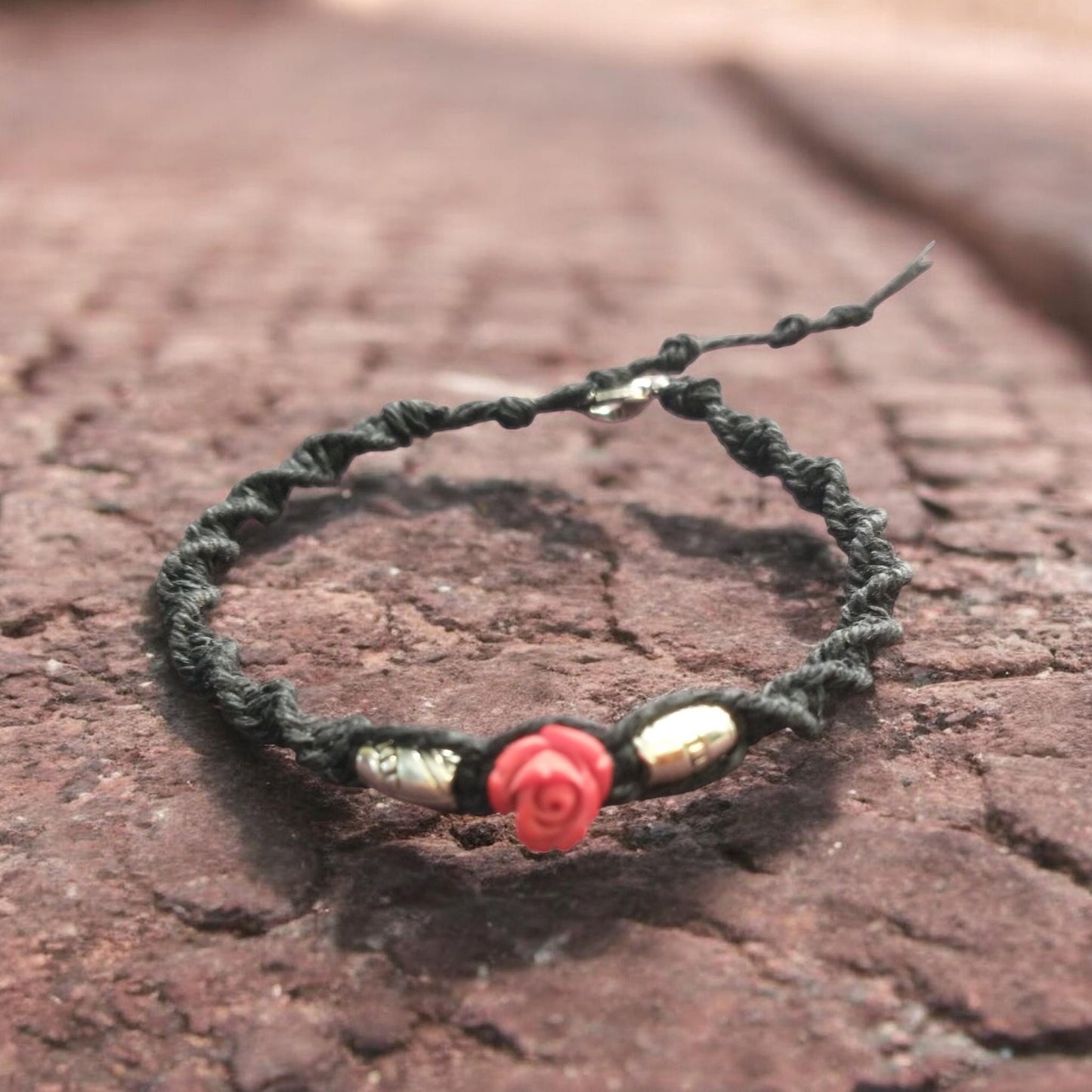 Rose Bead Black Handmade Hemp Bracelet