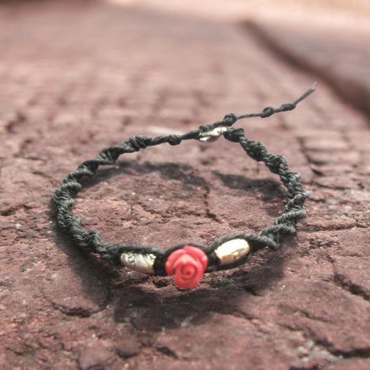 Rose Bead Black Handmade Hemp Bracelet