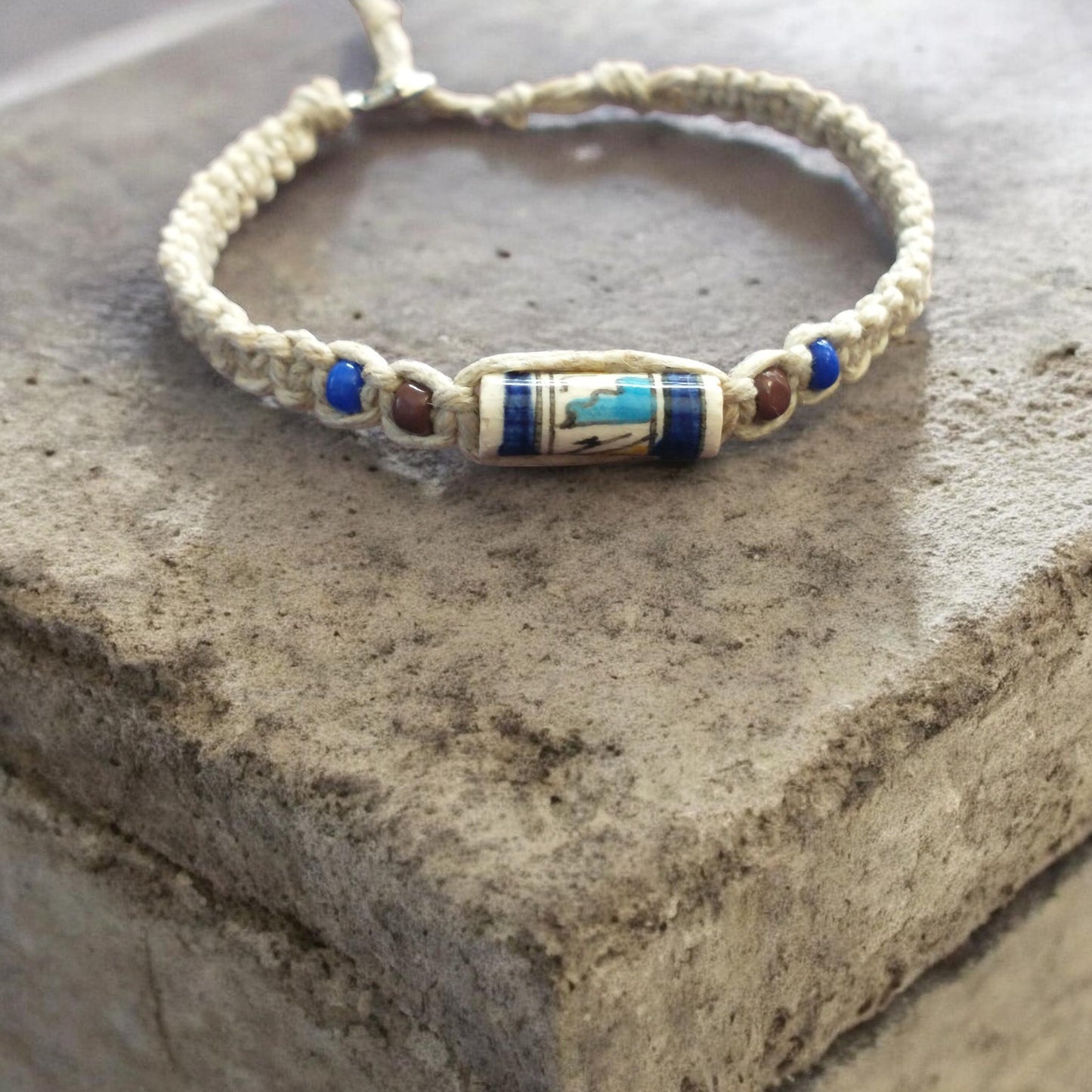 Painted Peruvian Clay Bead Handmade Hemp Bracelet