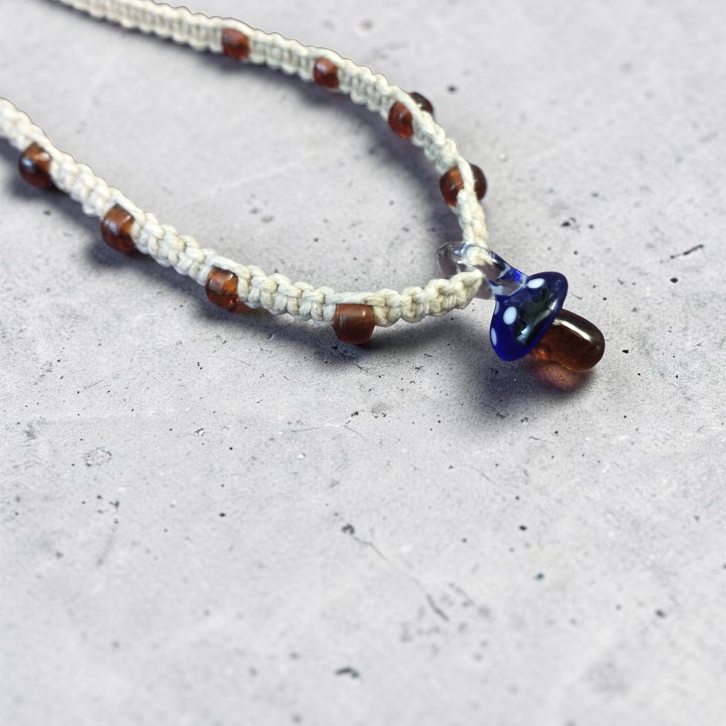Glass Mushroom Pendant Handmade Hemp Necklace