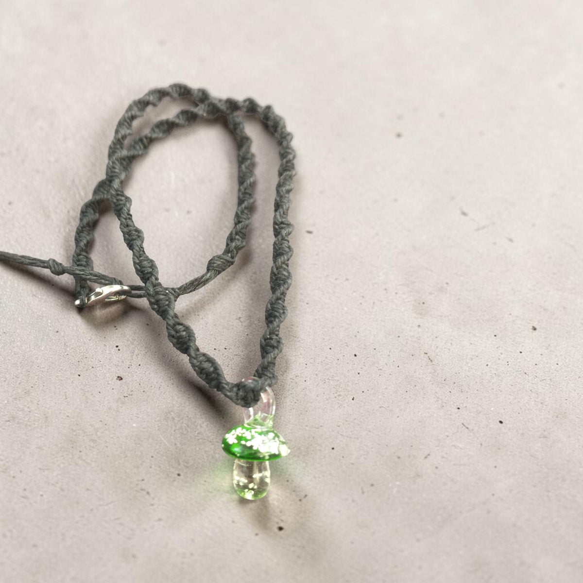 Glow in the Dark Glass Mushroom Pendant Handmade Hemp Necklace
