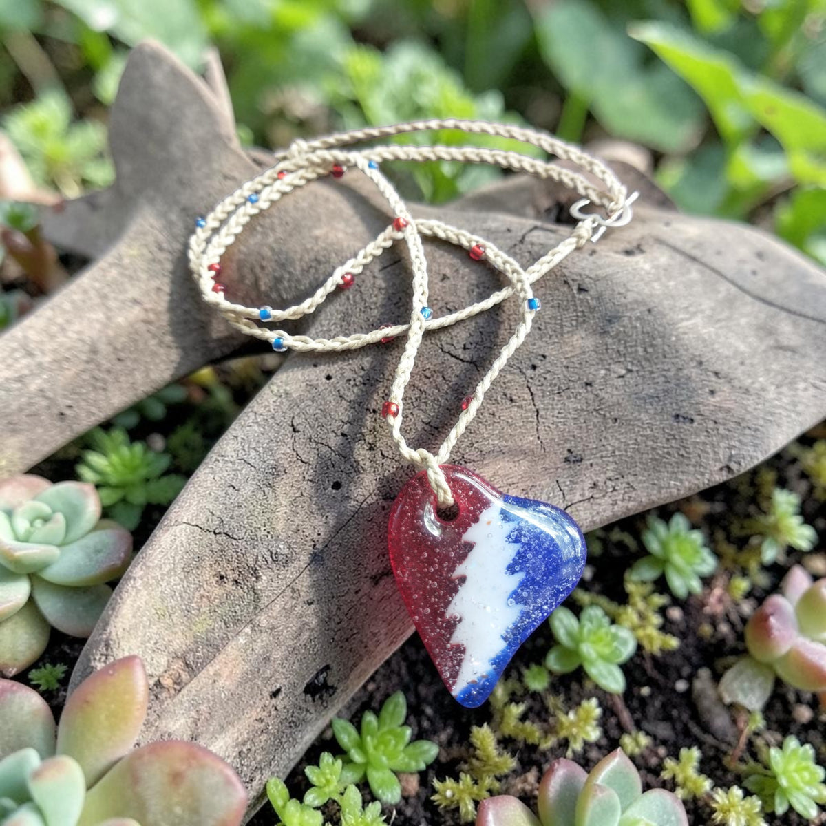 Glass Heart Pendant Handmade Hemp Necklace