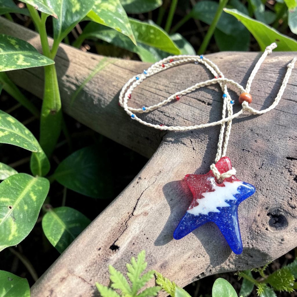 Glass Star Pendant LONG Handmade Hemp Necklace