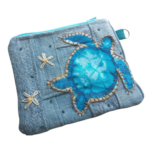 Hand Stitched Turtle Scrappy Denim Patchwork Zipper Pouch Coin Purse