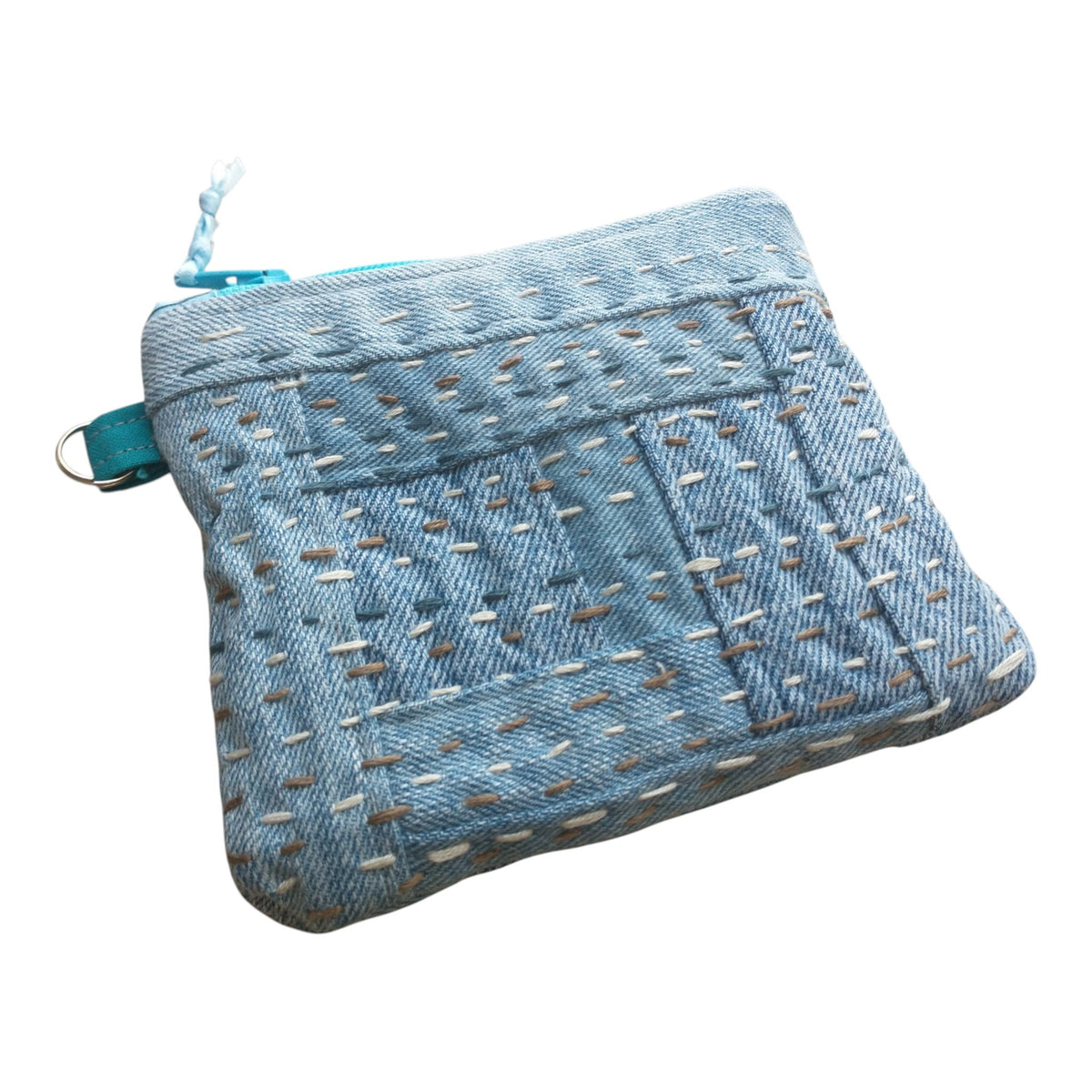 Hand Stitched Turtle Scrappy Denim Patchwork Zipper Pouch Coin Purse