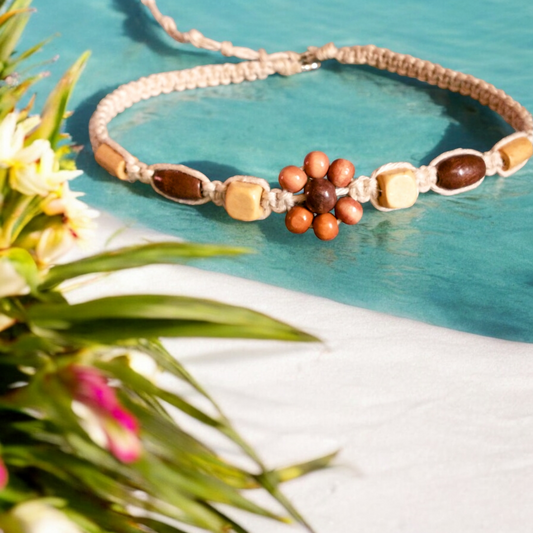 Wood Beaded Flower Hemp Necklace