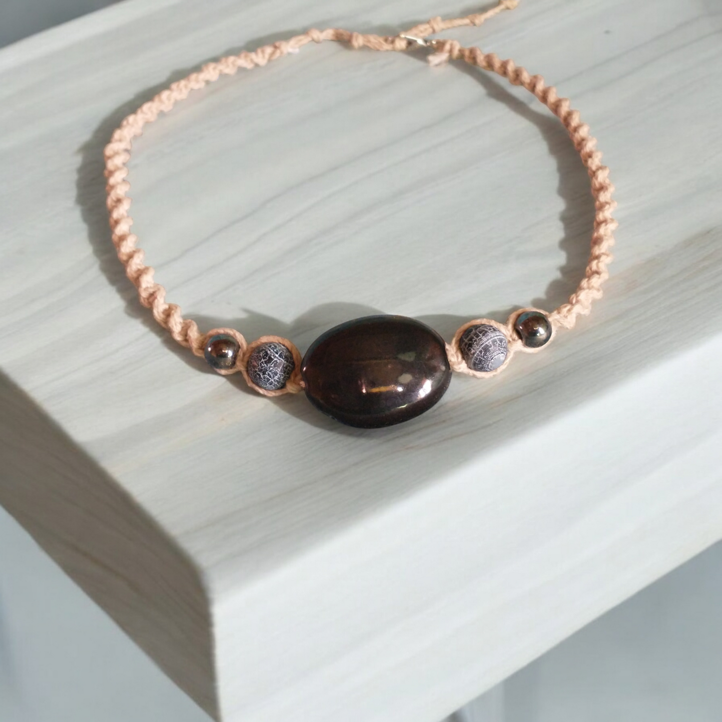 Hematite, Agate and Ceramic Bead Hemp Necklace