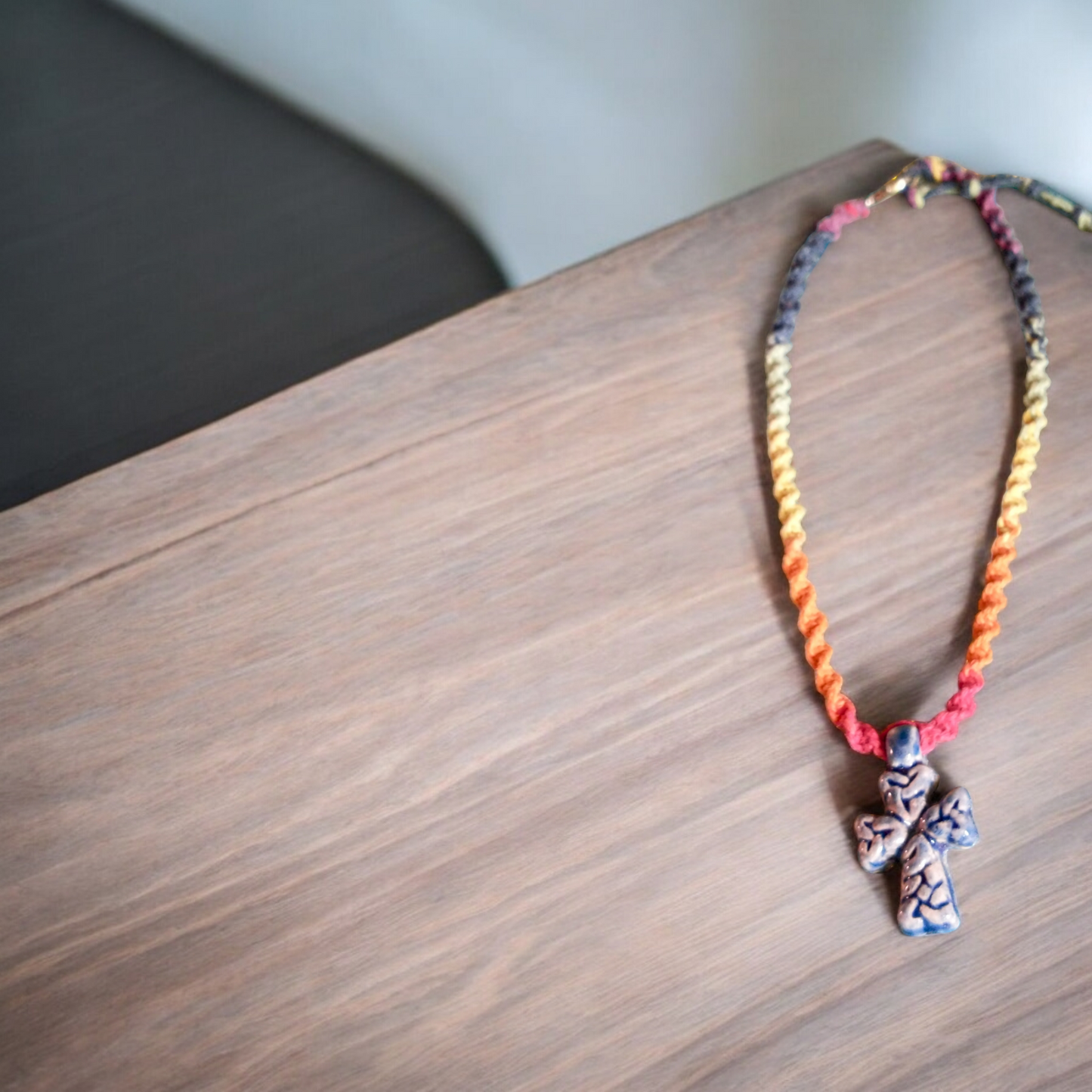 Raku Celtic Cross Rainbow Hemp Necklace