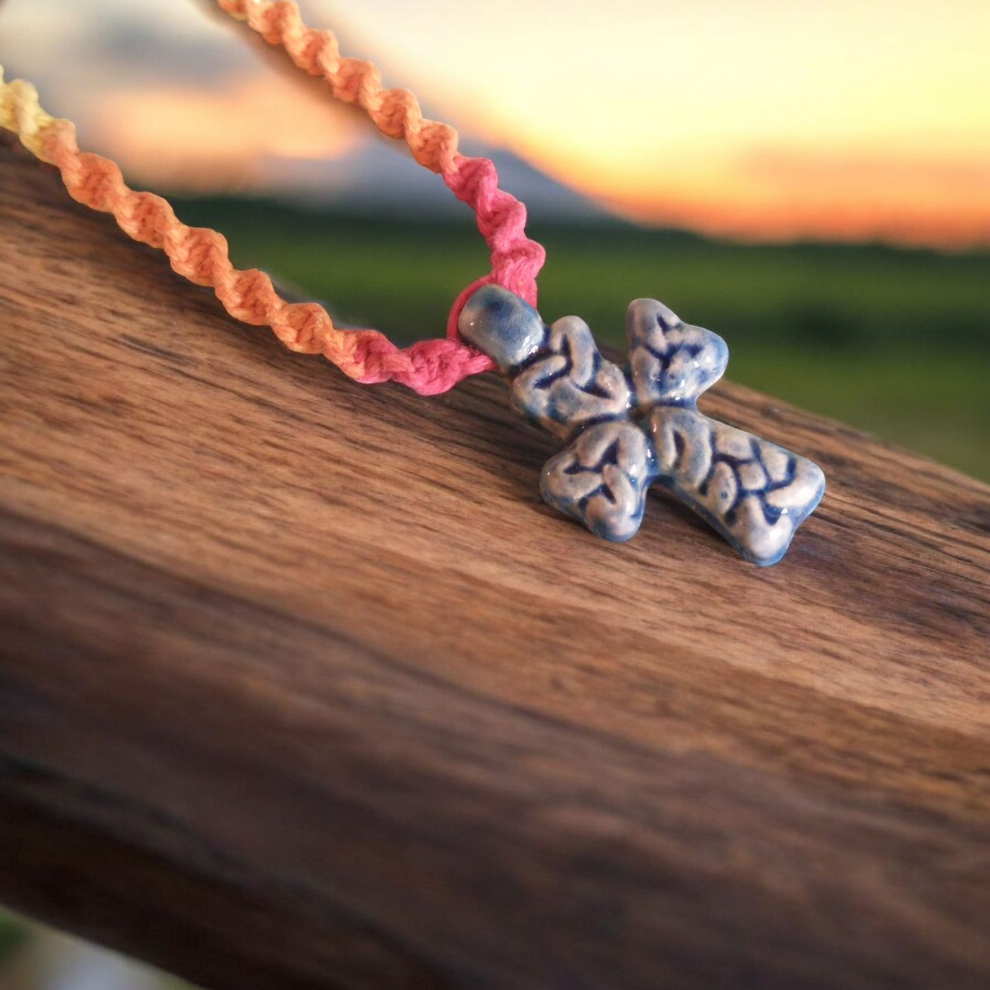 Raku Celtic Cross Rainbow Hemp Necklace