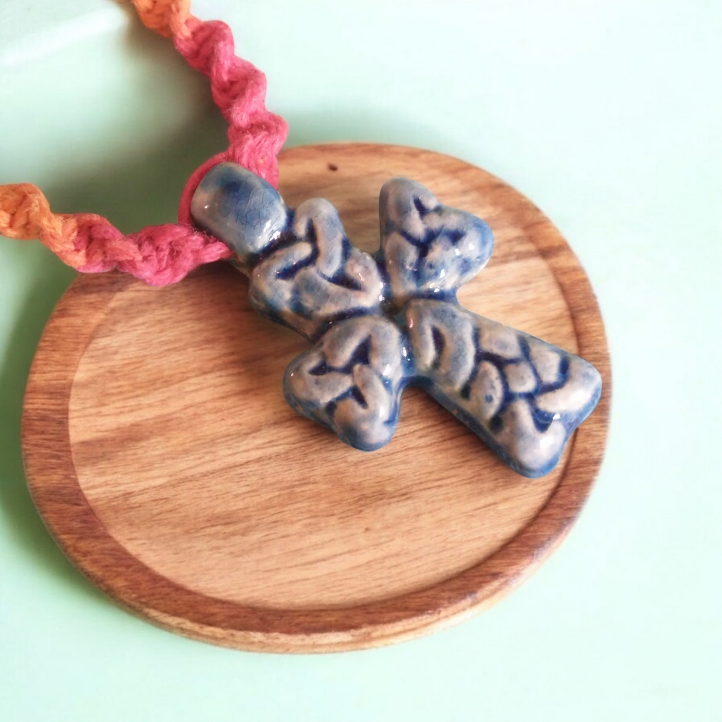 Raku Celtic Cross Rainbow Hemp Necklace