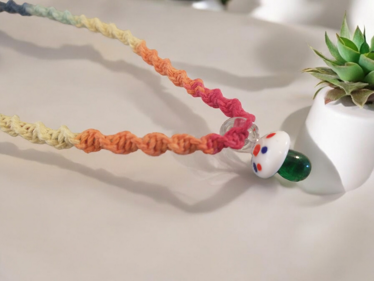 Rainbow Glass Mushroom Pendant Hemp Necklace