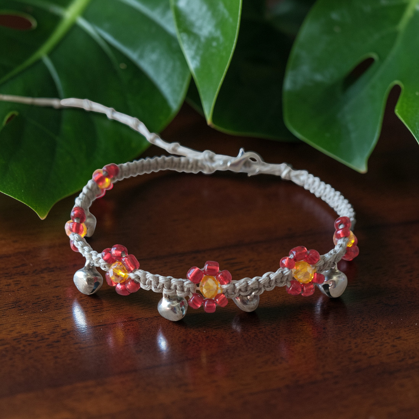 Red Daisy Bell Anklet Hemp Ankle Bracelet