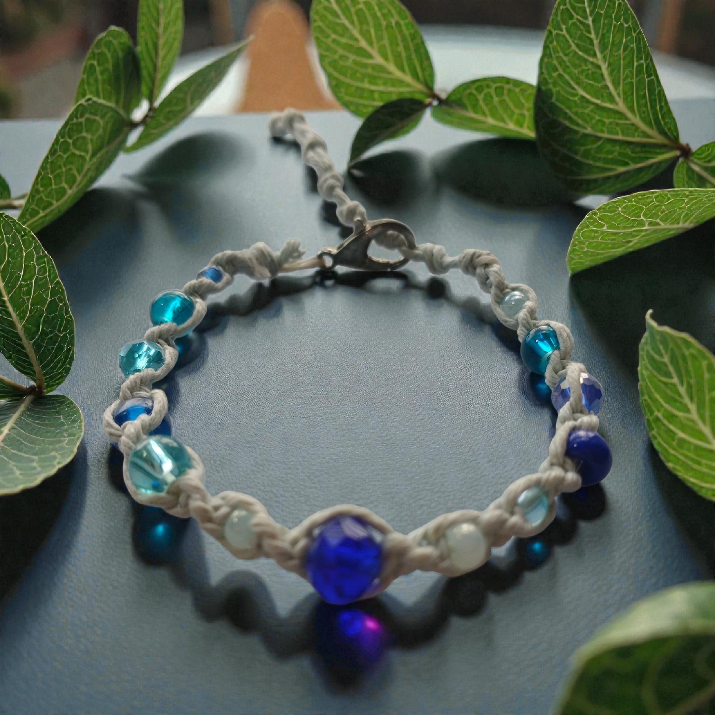 Blue Glass Beads Hemp Bracelet