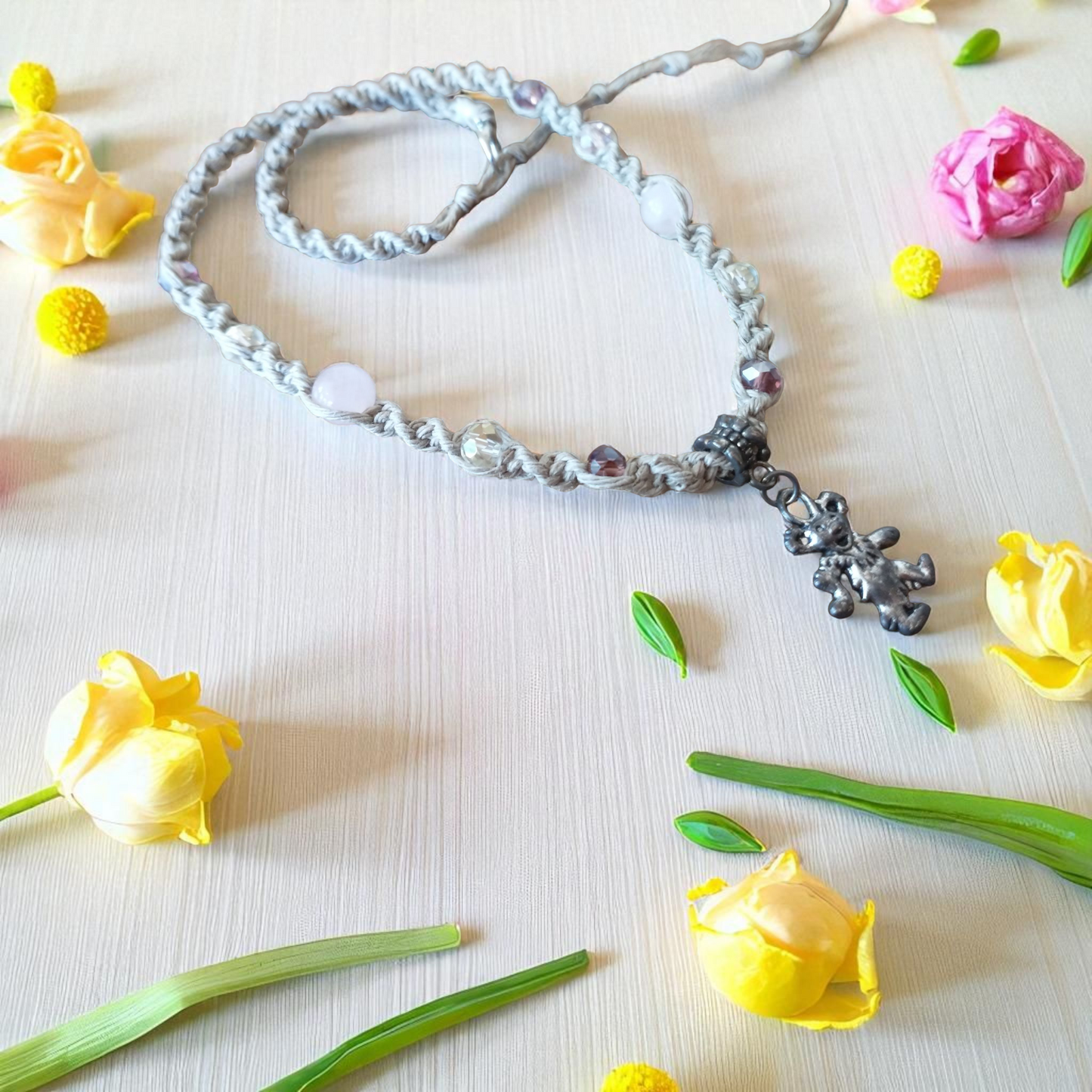 Dancing Bear Rose Quartz Hemp Necklace