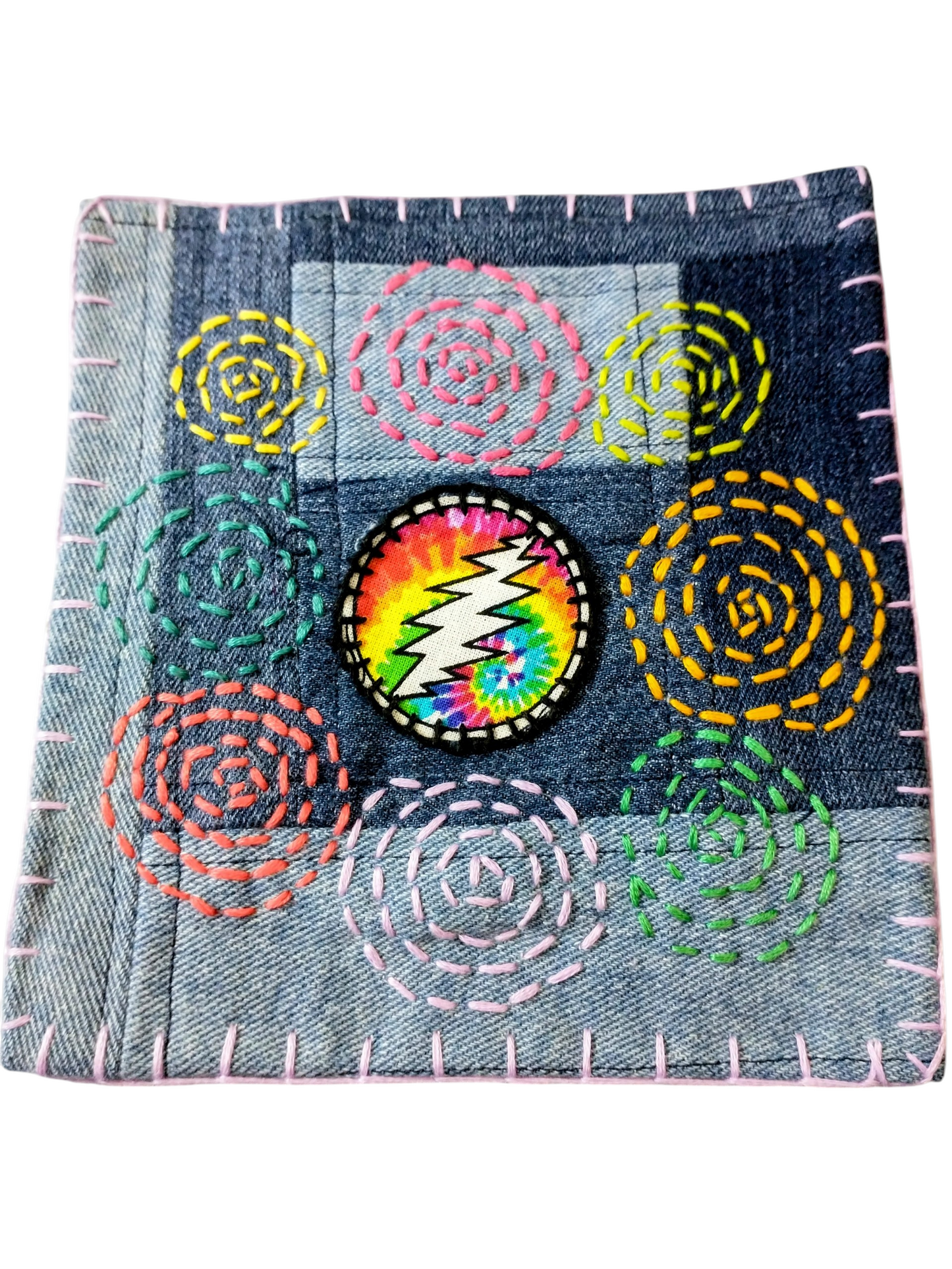 SALE Hand Embroidery Rainbow Denim Patchwork Patch