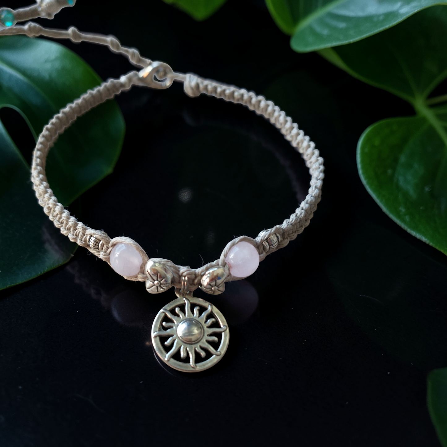 Rose Quartz Sun Charm Anklet Hemp Ankle Bracelet