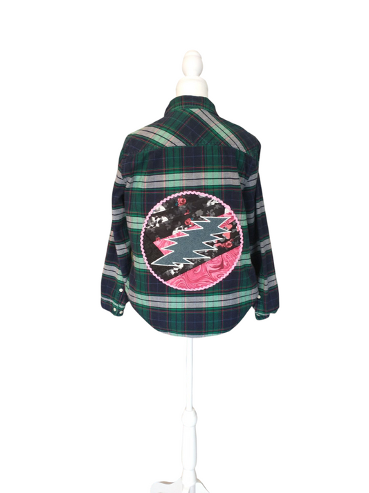 Patchwork Roses Mushroom Bolt Patch Upcycle Flannel Women's Small